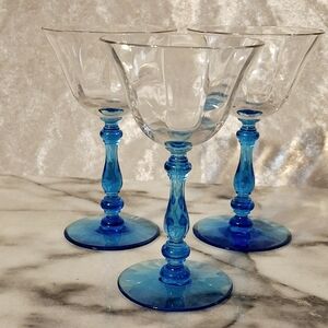 Three 15001 Tiffin Franciscan Crystal Small Champagne Glasses 15001 Blue Stem